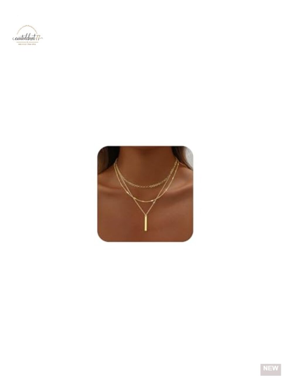14K Gold Plated Layered Cross Bar Necklace with Figaro, Herringbone, Paperclip